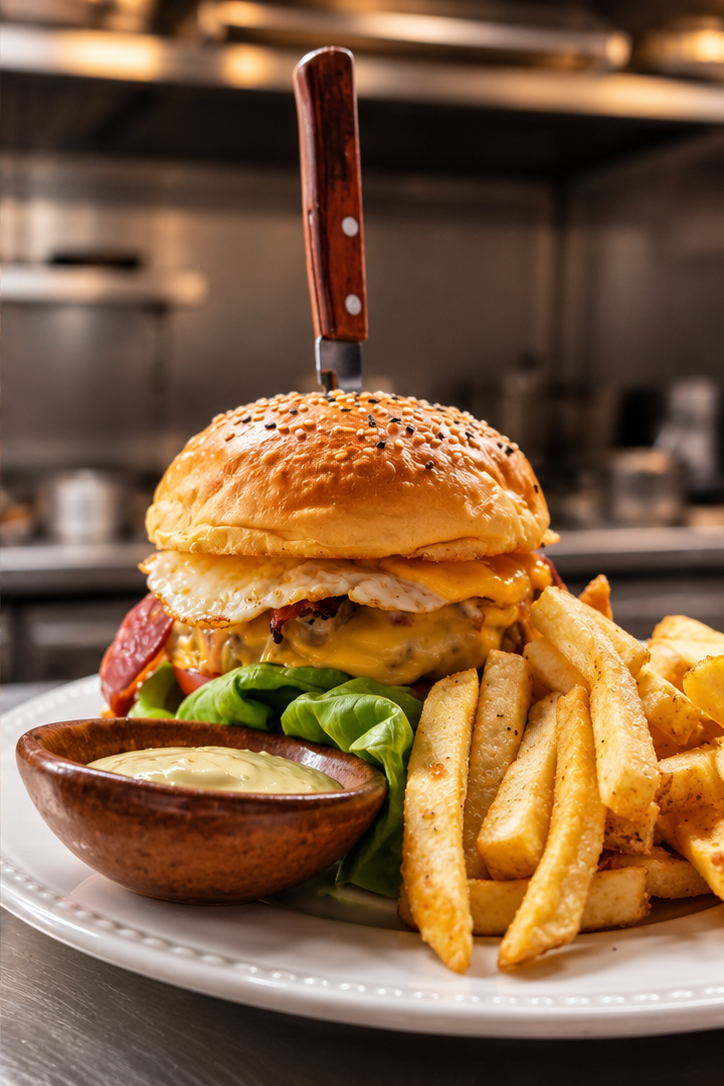 Hambúrguer Kings & Queens com batatas fritas